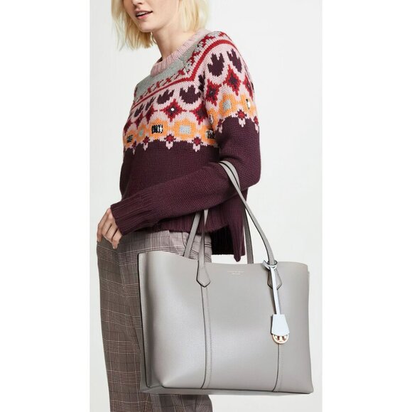 Tory Burch Perry Triple-Compartment Tote Bag Shoulder Bag Grey Heron - Picture 1 of 13